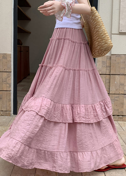 Ruffled Skirts Art Waist Elastic Summer Pink Cotton FashionChic