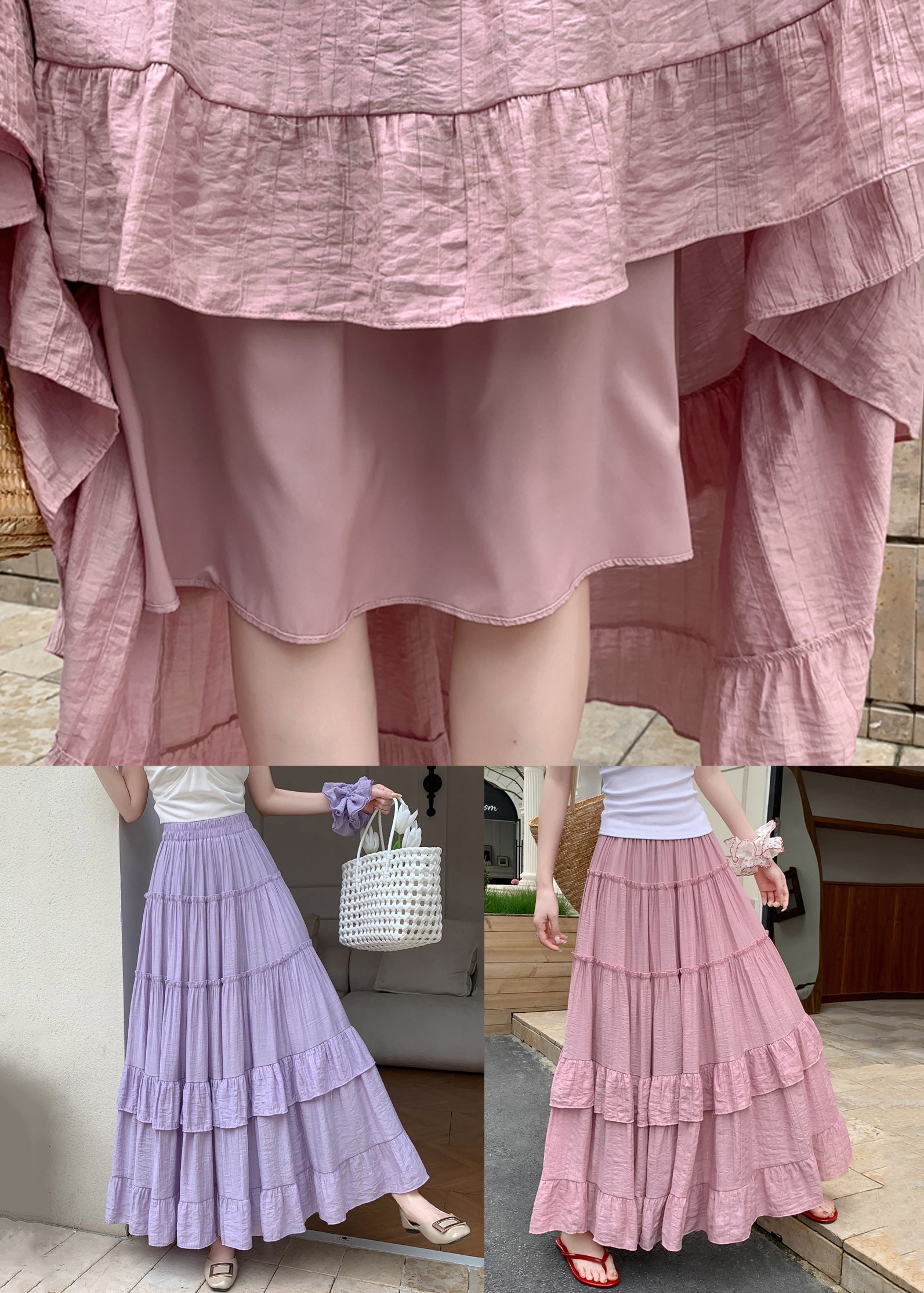 Ruffled Skirts Art Waist Elastic Summer Pink Cotton FashionChic