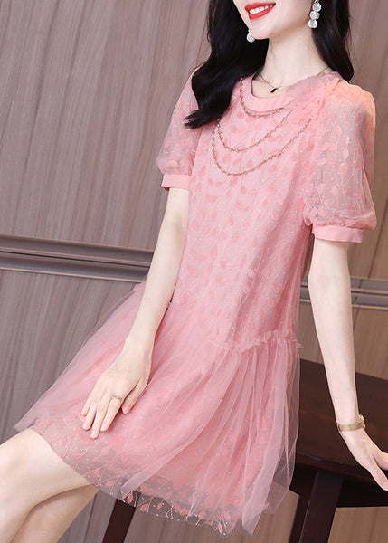 Ruffled Short Party Patchwork Sleeve Pink Dress Tulle Mid Art FashionChic