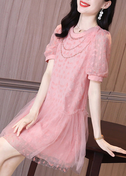 Ruffled Short Party Patchwork Sleeve Pink Dress Tulle Mid Art FashionChic