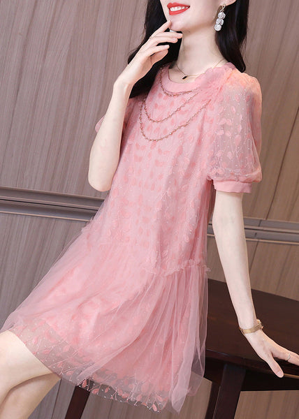 Ruffled Short Party Patchwork Sleeve Pink Dress Tulle Mid Art FashionChic