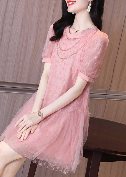 Ruffled Short Party Patchwork Sleeve Pink Dress Tulle Mid Art FashionChic