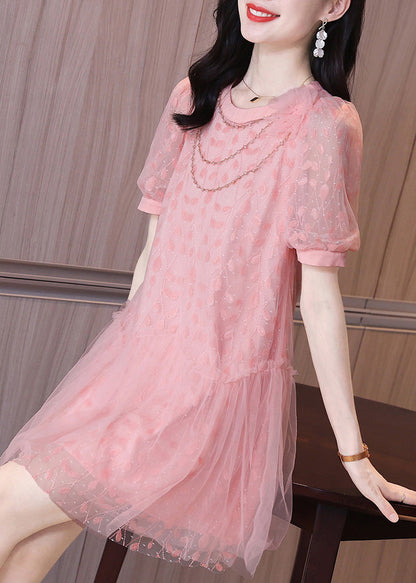 Ruffled Short Party Patchwork Sleeve Pink Dress Tulle Mid Art FashionChic