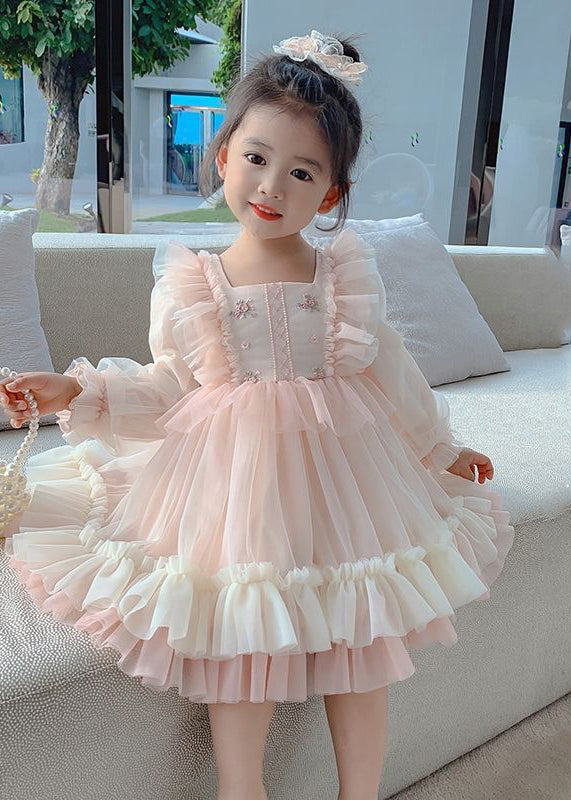 Art Pink Square Collar Embroideried Tulle Girls Long Dresses Long Sleeve XZ002 FDGL240618