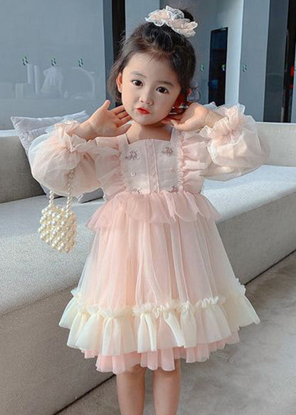 Art Pink Square Collar Embroideried Tulle Girls Long Dresses Long Sleeve XZ002 FDGL240618