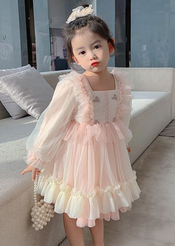 Art Pink Square Collar Embroideried Tulle Girls Long Dresses Long Sleeve XZ002 FDGL240618