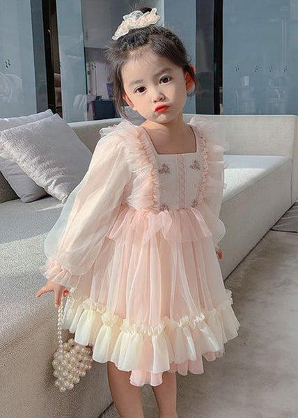 Art Pink Square Collar Embroideried Tulle Girls Long Dresses Long Sleeve XZ002 FDGL240618