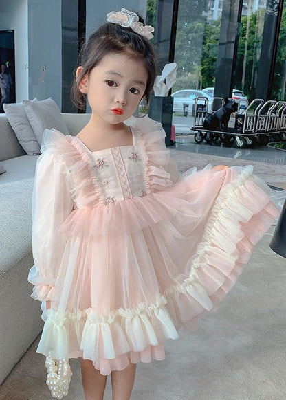 Art Pink Square Collar Embroideried Tulle Girls Long Dresses Long Sleeve XZ002 FDGL240618