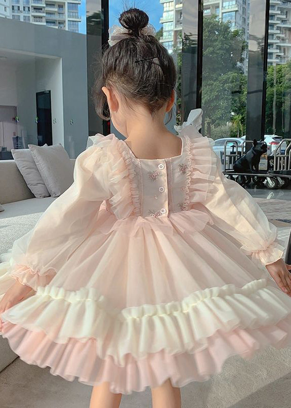 Art Pink Square Collar Embroideried Tulle Girls Long Dresses Long Sleeve XZ002 FDGL240618