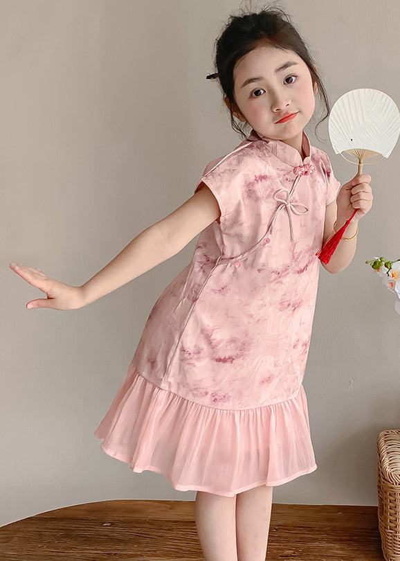 Art Pink Stand Collar Print Patchwork Kids Maxi Dress Short Sleeve MN021 MM-RCTZ-SDGL240701