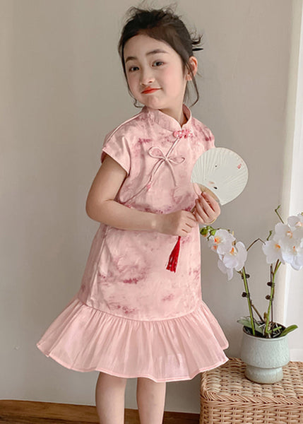 Art Pink Stand Collar Print Patchwork Kids Maxi Dress Short Sleeve MN021 MM-RCTZ-SDGL240701