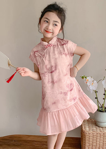 Art Pink Stand Collar Print Patchwork Kids Maxi Dress Short Sleeve MN021 MM-RCTZ-SDGL240701
