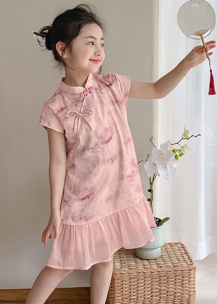 Art Pink Stand Collar Print Patchwork Kids Maxi Dress Short Sleeve MN021 MM-RCTZ-SDGL240701