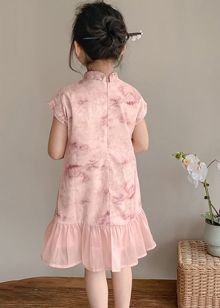 Art Pink Stand Collar Print Patchwork Kids Maxi Dress Short Sleeve MN021 MM-RCTZ-SDGL240701