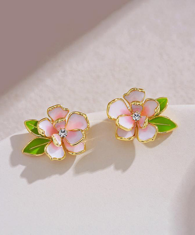 Art Pink Sterling Silver Overgild Zircon Enamel Camellia Flower Stud Earrings WP004 JEW-EAR241112