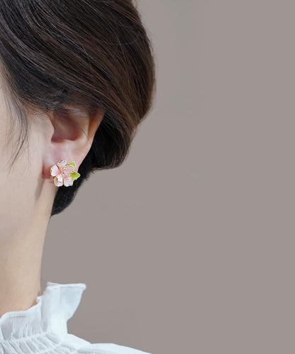 Art Pink Sterling Silver Overgild Zircon Enamel Camellia Flower Stud Earrings WP004 JEW-EAR241112