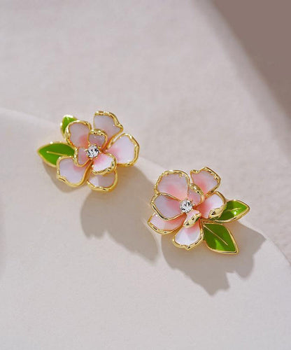 Art Pink Sterling Silver Overgild Zircon Enamel Camellia Flower Stud Earrings WP004 JEW-EAR241112