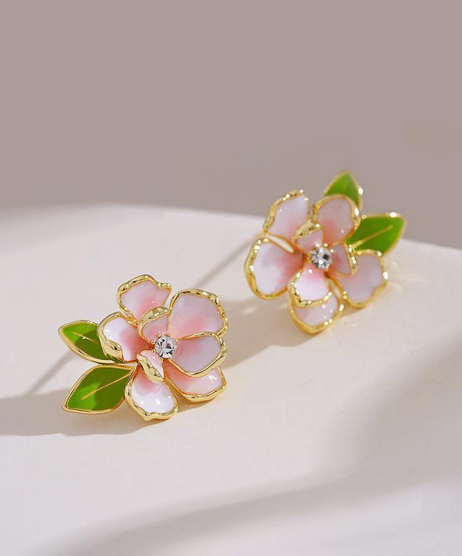 Art Pink Sterling Silver Overgild Zircon Enamel Camellia Flower Stud Earrings WP004 JEW-EAR241112