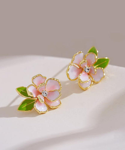 Art Pink Sterling Silver Overgild Zircon Enamel Camellia Flower Stud Earrings WP004 JEW-EAR241112