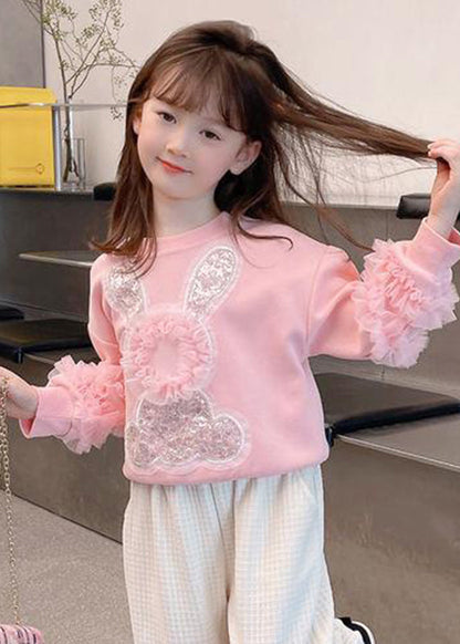 Art Pink Tulle Patchwork Little Rabbit Sequins Kids Sweatshirts Top Fall QV050 MM-RCTZLTGP241026