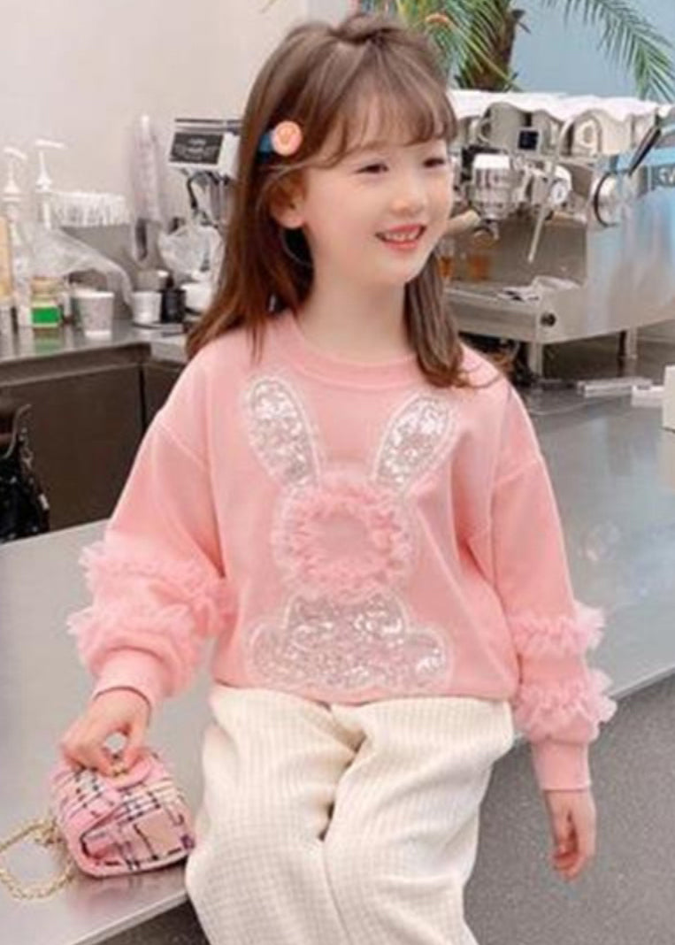 Art Pink Tulle Patchwork Little Rabbit Sequins Kids Sweatshirts Top Fall QV050 MM-RCTZLTGP241026