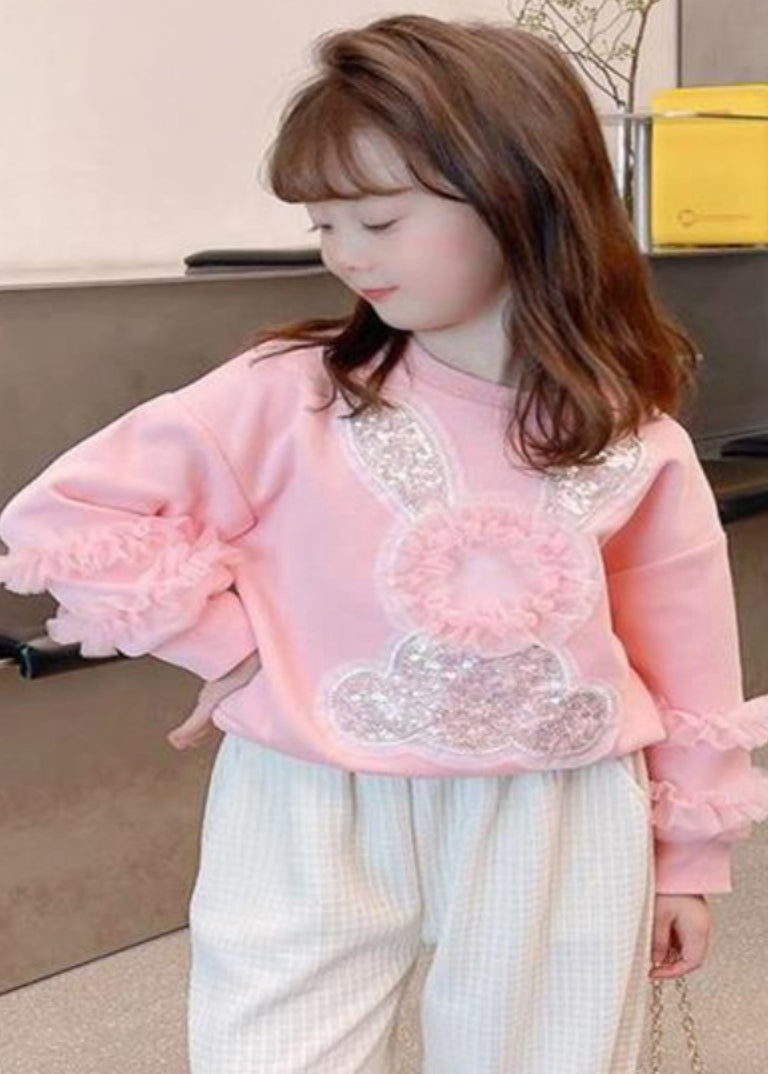 Art Pink Tulle Patchwork Little Rabbit Sequins Kids Sweatshirts Top Fall QV050 MM-RCTZLTGP241026