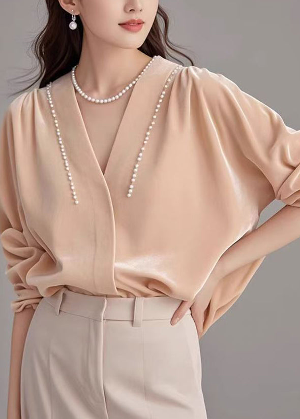 Silk Shirt Pink Pearl Velour Art Neck Spring V FashionChic