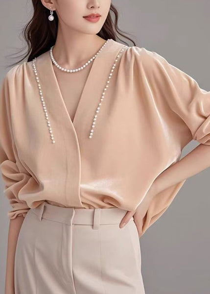 Silk Shirt Pink Pearl Velour Art Neck Spring V FashionChic