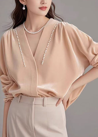 Silk Shirt Pink Pearl Velour Art Neck Spring V FashionChic