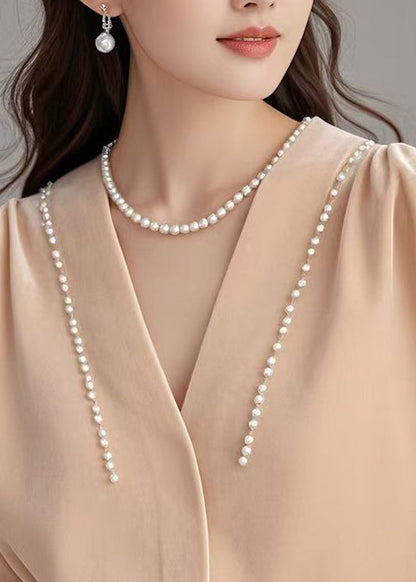 Silk Shirt Pink Pearl Velour Art Neck Spring V FashionChic