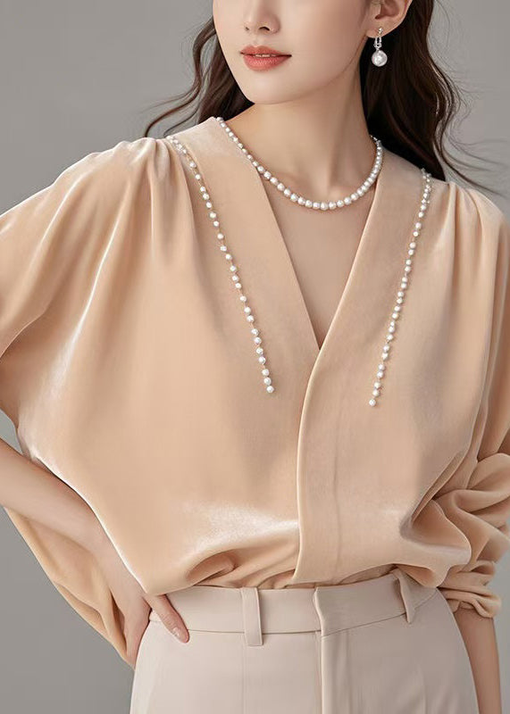Silk Shirt Pink Pearl Velour Art Neck Spring V FashionChic