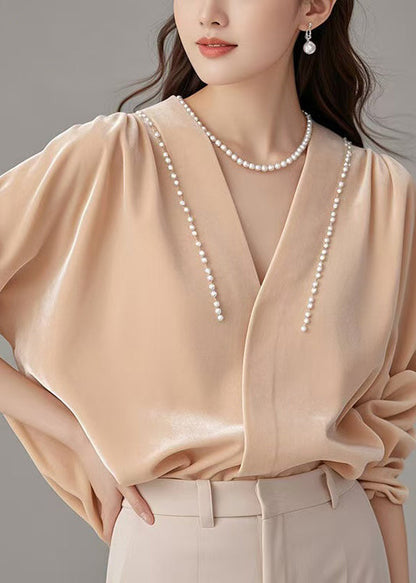 Silk Shirt Pink Pearl Velour Art Neck Spring V FashionChic