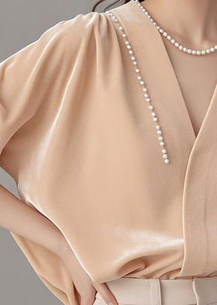 Silk Shirt Pink Pearl Velour Art Neck Spring V FashionChic