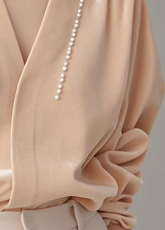 Silk Shirt Pink Pearl Velour Art Neck Spring V FashionChic