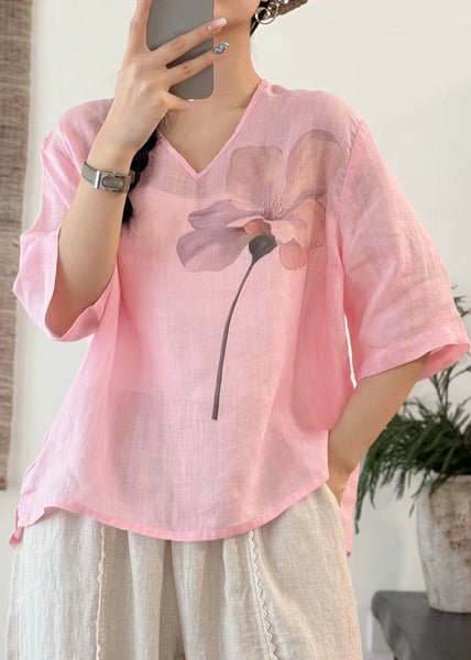 Sleeve V T Neck Art Print Half Linen Open Pink Side Shirt FashionChic