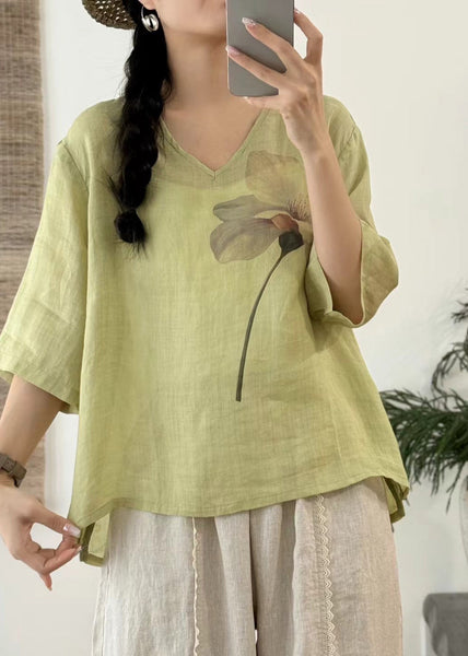 Sleeve V T Neck Art Print Half Linen Open Pink Side Shirt FashionChic