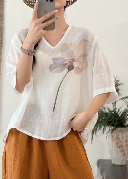 Sleeve V T Neck Art Print Half Linen Open Pink Side Shirt FashionChic