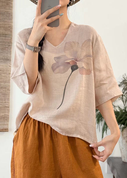 Sleeve V T Neck Art Print Half Linen Open Pink Side Shirt FashionChic