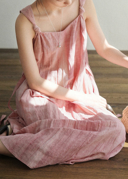Art On Pink Sides Linen Waist Both Tie Wear Dress Spaghetti Strap FashionChic