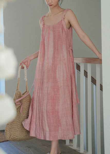 Art On Pink Sides Linen Waist Both Tie Wear Dress Spaghetti Strap FashionChic