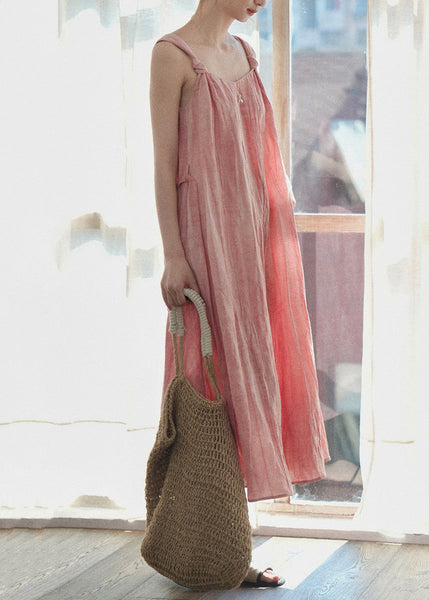 Art On Pink Sides Linen Waist Both Tie Wear Dress Spaghetti Strap FashionChic