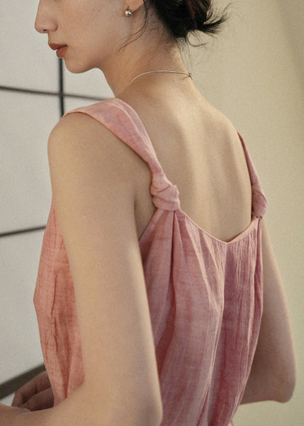 Art On Pink Sides Linen Waist Both Tie Wear Dress Spaghetti Strap FashionChic