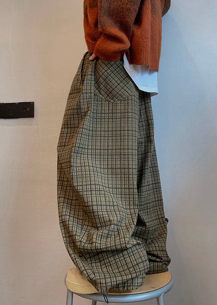 Fall Drawstring Wide Cotton Men Plaid Leg Pockets Art Pants FashionChic