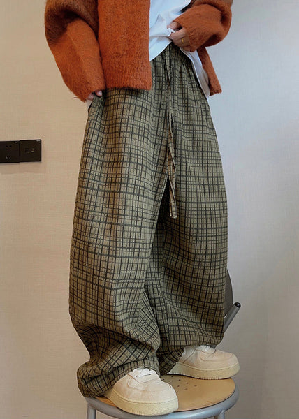 Fall Drawstring Wide Cotton Men Plaid Leg Pockets Art Pants FashionChic