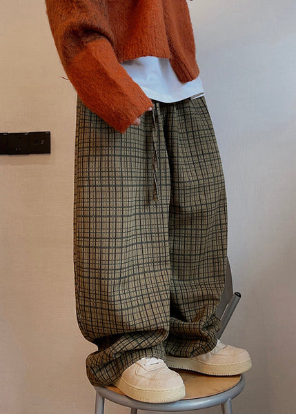 Fall Drawstring Wide Cotton Men Plaid Leg Pockets Art Pants FashionChic
