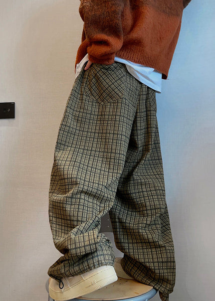 Fall Drawstring Wide Cotton Men Plaid Leg Pockets Art Pants FashionChic