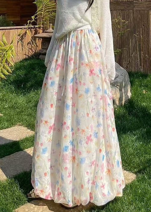 Print Up Skirts Lace Waist Chiffon Summer Elastic Art FashionChic