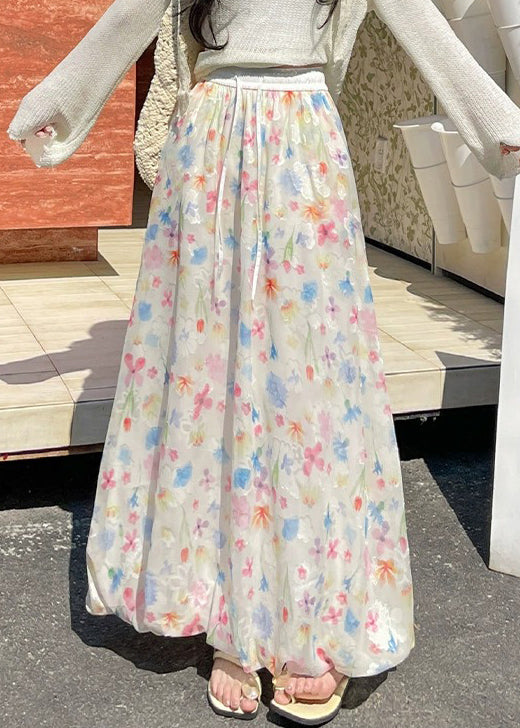 Print Up Skirts Lace Waist Chiffon Summer Elastic Art FashionChic