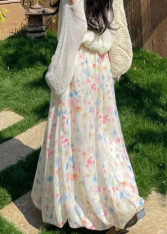 Print Up Skirts Lace Waist Chiffon Summer Elastic Art FashionChic