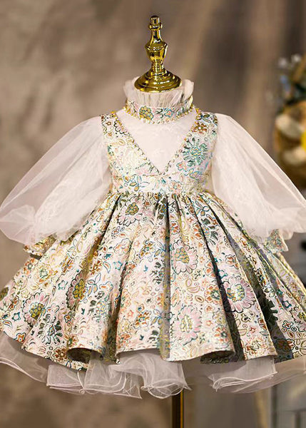 Art Print Turtleneck Tulle Kids Maxi Dresses Lantern Sleeve YS030 ABC